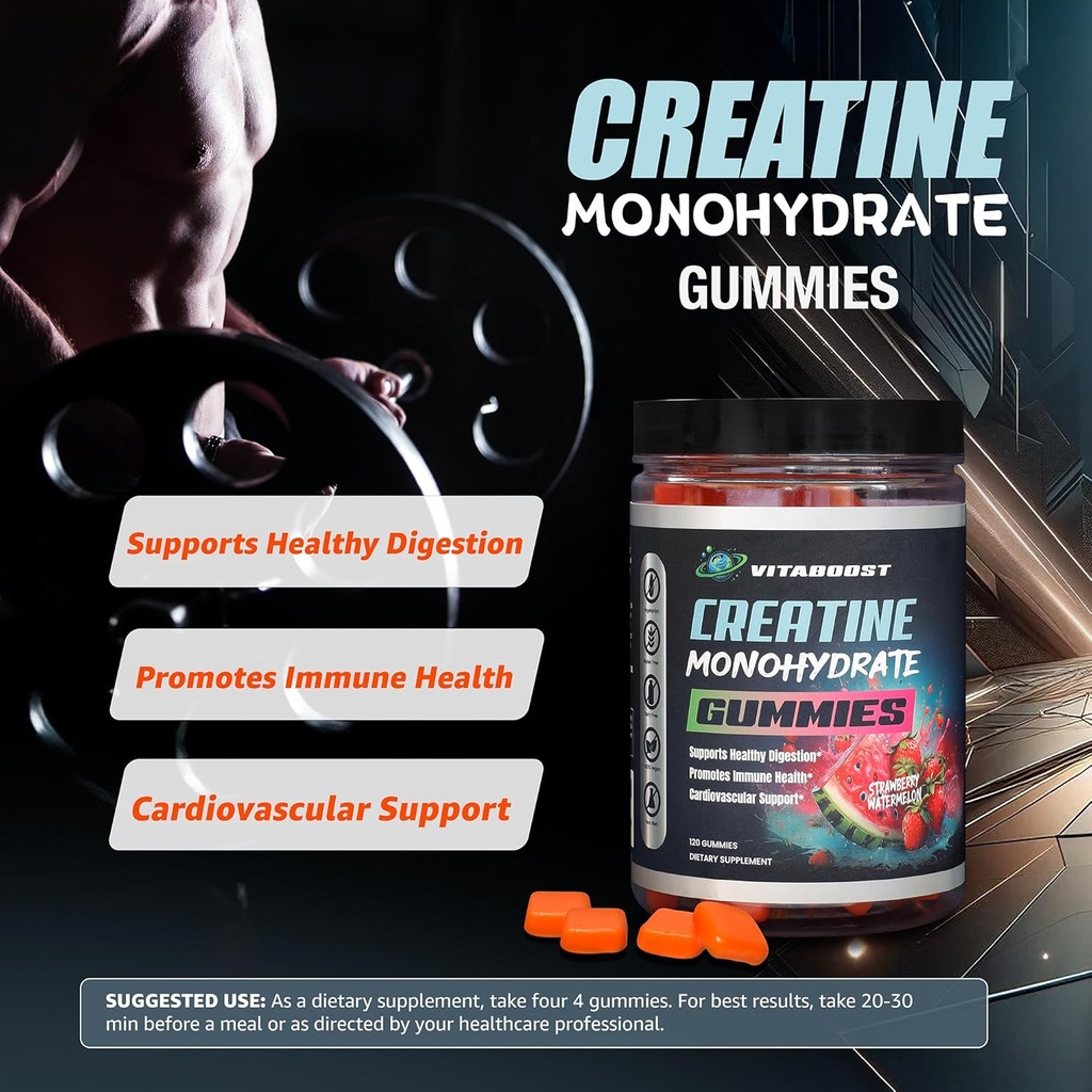 Creatine Gummies 5g-Φυσική Creatine Monohydrate για Άνδρες & Γυναίκες-Νόστιμη Φράουλα Καρπούζι Flavor-Ενισχύστε τη δύναμη, την ενέργεια και την ανάπτυξη των μυών- Vegan Pre προπόνηση Gummies-Made in USA