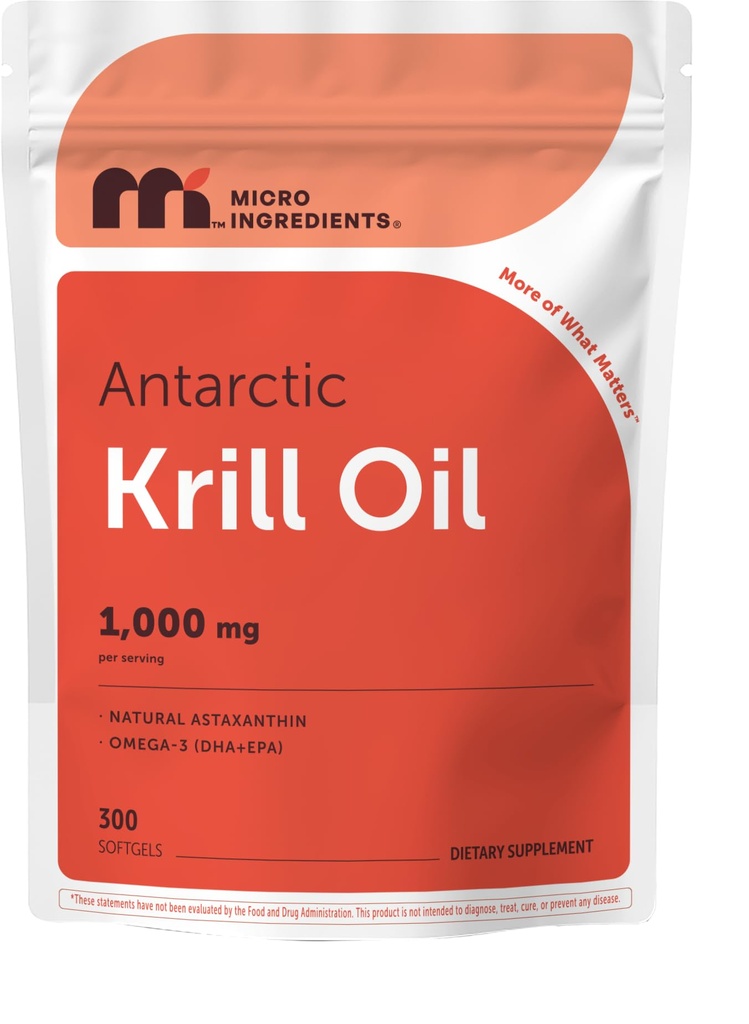 Micro Ingredients συμπλήρωμα λαδιού κριλ Ανταρκτικής, 1000mg ανά υπηρεσία, 300 Soft-Gels, πλούσια σε Omega-3s EPA, DHA & φυσική ασταξανθίνη, υποστηρίζει ανοσοποιητικό σύστημα & υγεία του εγκεφάλου, εύκολο να καταπιούν