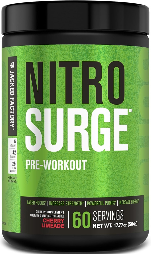 Jacked Factory NITROSURGE Preworkout Supplement - Ατελείωτη ενέργεια, Άμεση κέρδη δύναμη, σαφή εστίαση, Έντονες αντλίες - ΟΧΙ Booster & Ισχυρή Preworkout Energy Powder - 60 εξυπηρετούν, Cherry Limeade
