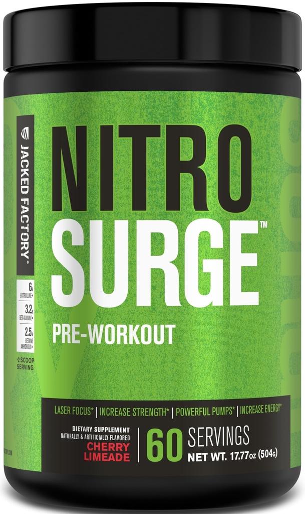 Jacked Factory NITROSURGE Preworkout Supplement - Ατελείωτη ενέργεια, Άμεση κέρδη δύναμη, σαφή εστίαση, Έντονες αντλίες - ΟΧΙ Booster & Ισχυρή Preworkout Energy Powder - 60 εξυπηρετούν, Cherry Limeade