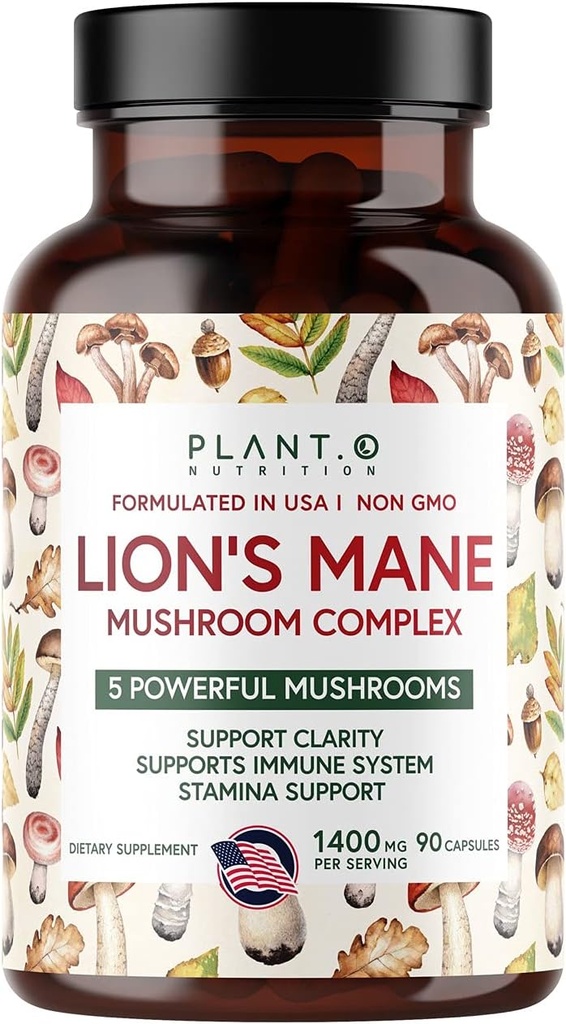 Plant.O Premium Lion's Mane Supplement, All Natural Nootropics Brain Supplement, 5 Mushroom Complex – Lion’s Mane, Reishi, Chaga, Maitake, Shiitake for Immunity, Focus, Mood & Memory Boost, 90 Caps