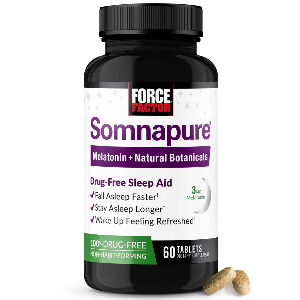 Force Factor Somnapure Drug-Free Sleep Aid for Adults for Occasional Sleeplessness with Melatonin & Valerian, Non-Habit-Forming Sleeping Pills, Fall Asleep Faster, Wake Up Refreshed, 60 Tablets