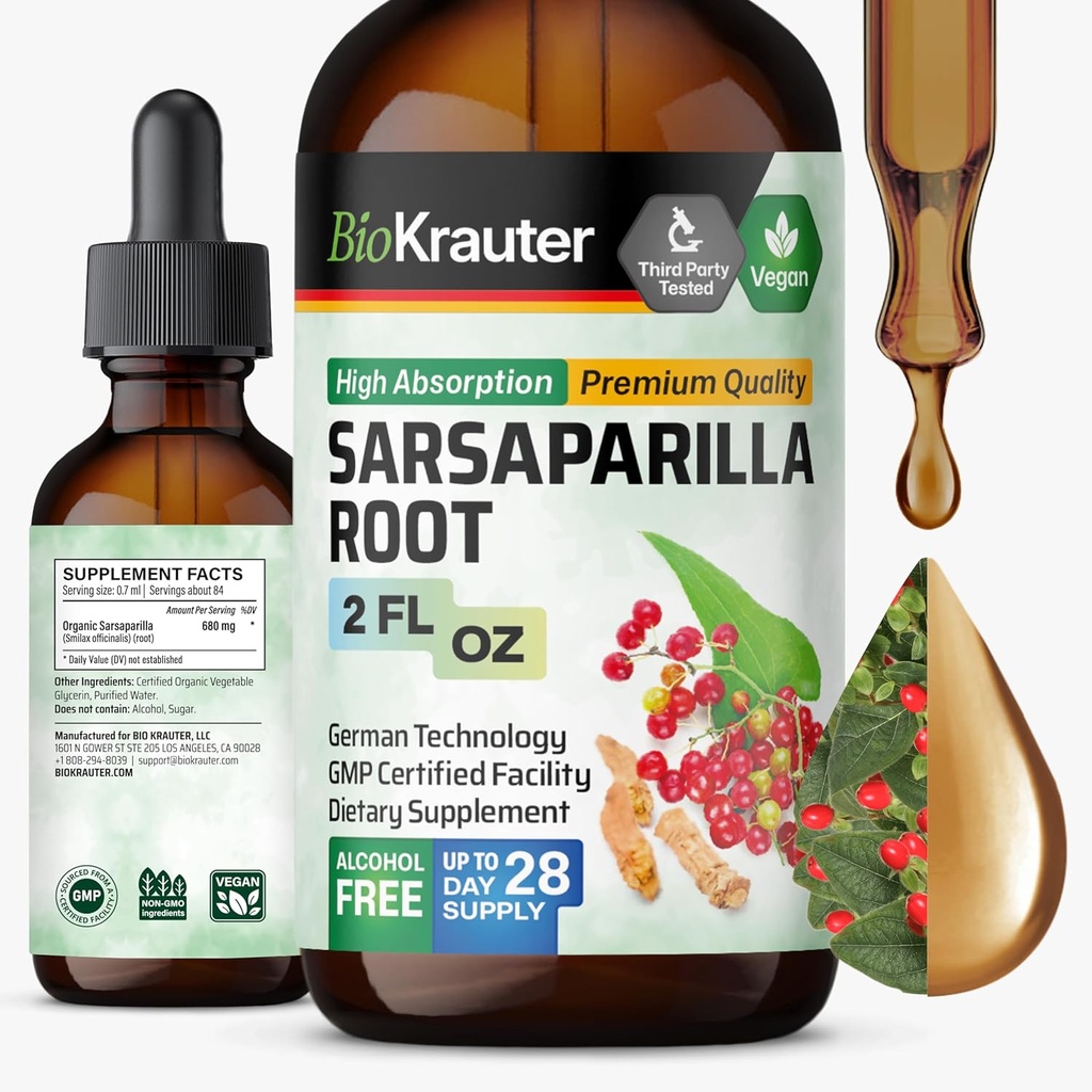 BIO KRAUTER Sarsaparilla Root Tincture - φυτικό υγρό συμπλήρωμα εκχυλίσματος για την υποστήριξη του ήπατος - Αλκοόλ & ζάχαρη δωρεάν Vegan σταγόνες 2 fl.Oz.