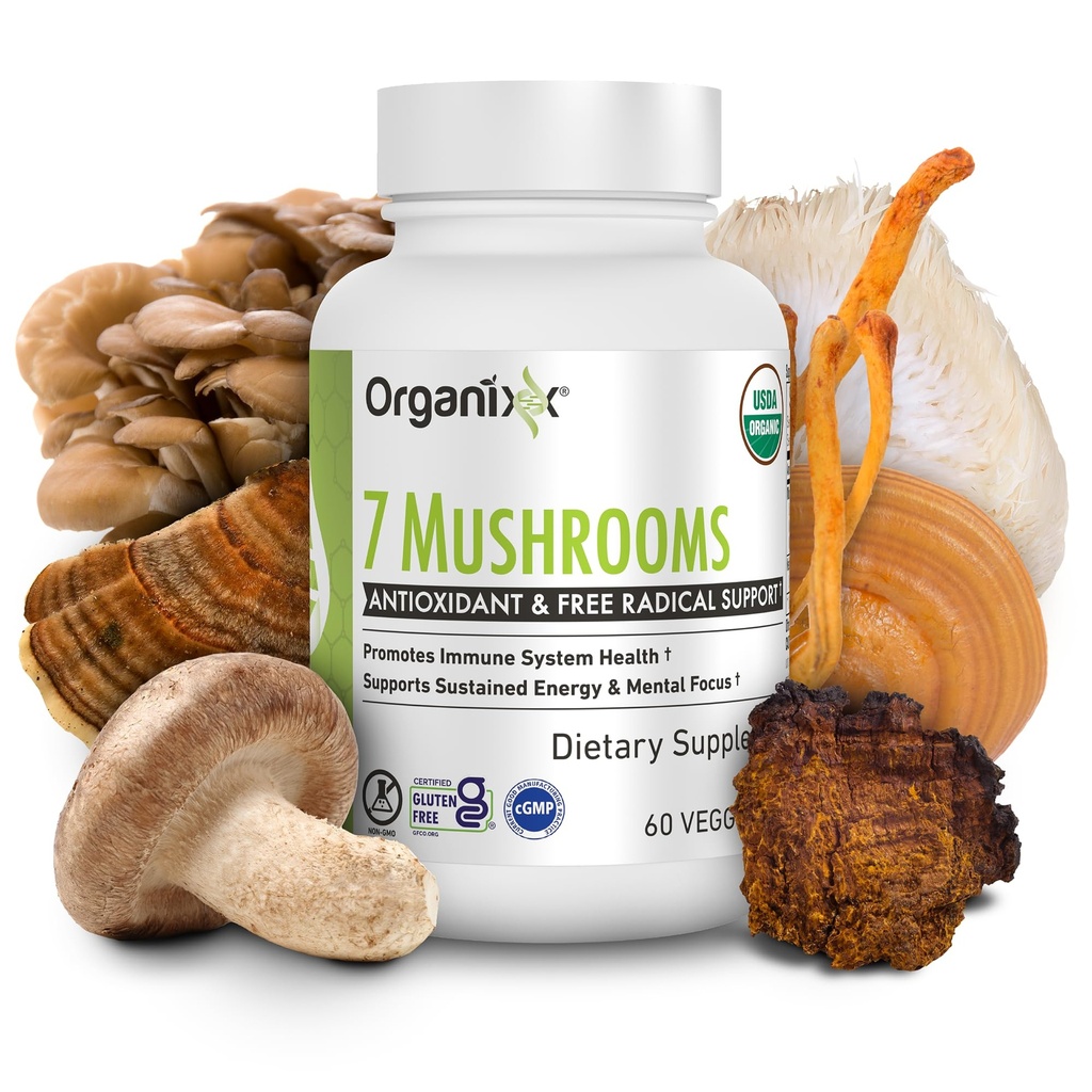 Organixx USDA Organic Mushroom Supplement, 7 Fermented Mushrooms – Lions Mane, Shiitake, Cordyceps, Turkey Tail, Reishi – για την υποστήριξη του ανοσοποιητικού και της πέψης, 60 κάψουλες χορτοφάγων