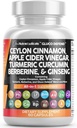 Clean Nutraceuticals Ceylon Cinnamon Capsules + Berberine Turmeric Apple Cider Vinegar Ginseng Bitter Melon Gymnema Milk Thistle Fenugreek Supplement Pills Powder for Men & Women