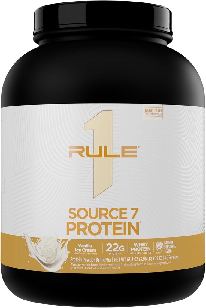 Rule 1 Source 7 Protein – Decadent Flavor, Velvety Smooth Texture, 22g Anytime Protein, and 10g Naturally Occurring EAAs Per Serving from 7 Premium Sources (4 Pounds*, Vanilla Ice Cream)