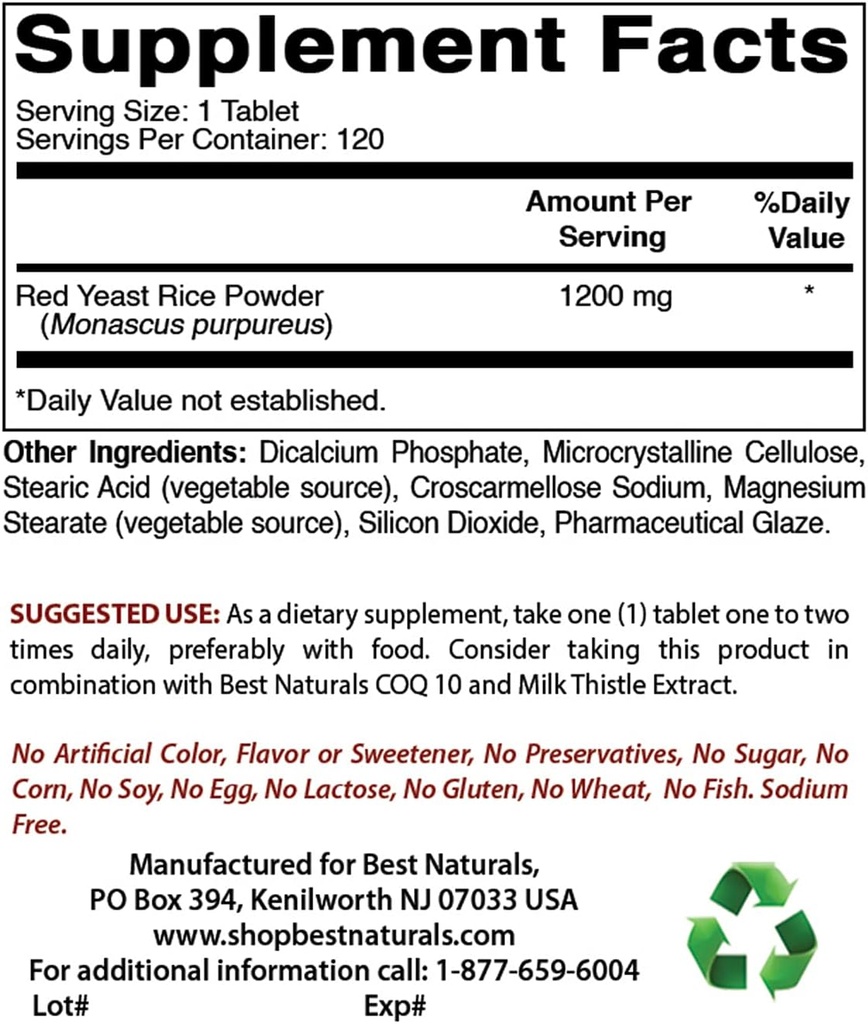 Best Naturals Red Yeast Cholesterol ρυζιού Υποστήριξη 1200 mg & βιταμίνη B12 6000 mcg
