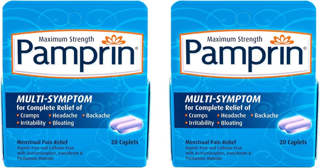Pamprin Multi-Symptom Formula, with Acetaminophen, Menstrual Period Symptoms Relief Including Cramps, Pain, Irritability and Bloating, 20 Caplets (Pack of 2)