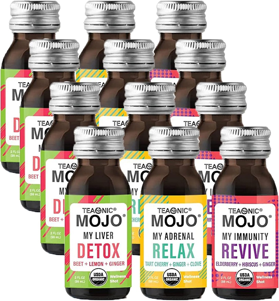 TEALONIC Wellness Shots - Variety Pack: Χαλαρώστε, Revive, Detox Shots, USDA-Certified Organic Wellness Shots, 12 Pack, 2 Fl. Oz Κάθε μία