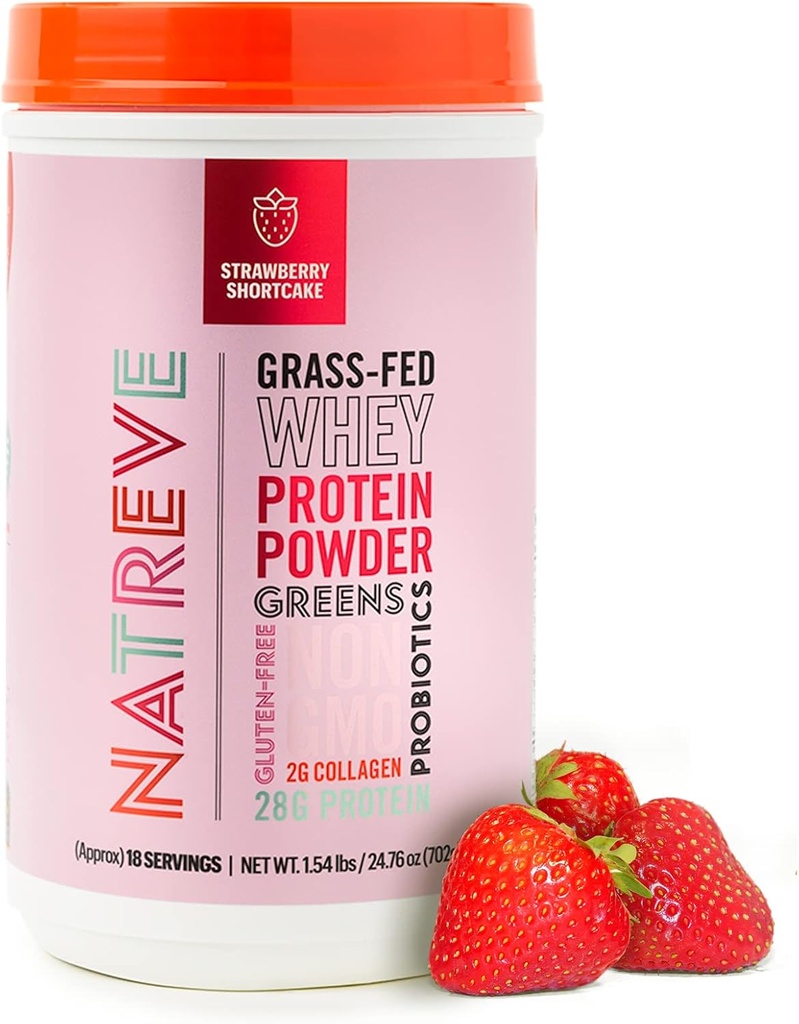 Natreve Whey Protein Powder - 28g Πρωτεΐνη Whey Fed χόρτου με Αμινοξέα, Προβιοτικά & Κολλαγόνο - Χωρίς γλουτένη Φράουλα Shortcake, 18 εξυπηρετούν