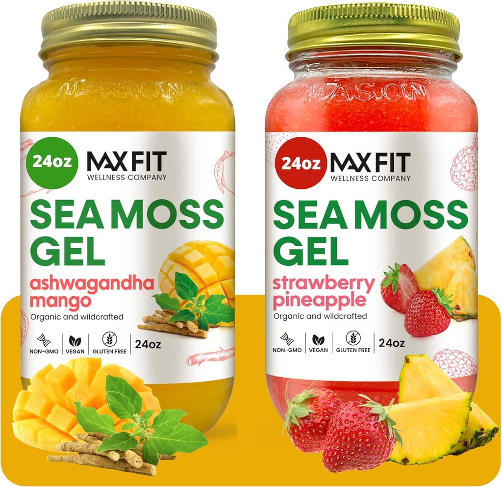 Sea Moss Gel Organic Raw (Bundle of 2 Jars 24oz) Ashwagandha Mango and Strawberry Pineapple Wildсrafted Gold Sea Moss Gel 