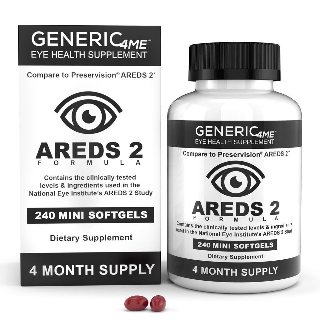AREDS 2 SoftGels, 500 mg Βιταμίνης C, 400 IU Βιταμίνης Ε, 10 mg Λουτεΐνης, 2 mg Ζεαξανθίνης, 80 mg Ψευδάργυρου, 2 mg χαλκού - Υποστηρίζει την υγεία των ματιών - 240 Mini SoftGels (Τέσσερις Μήνες Προμήθεια)