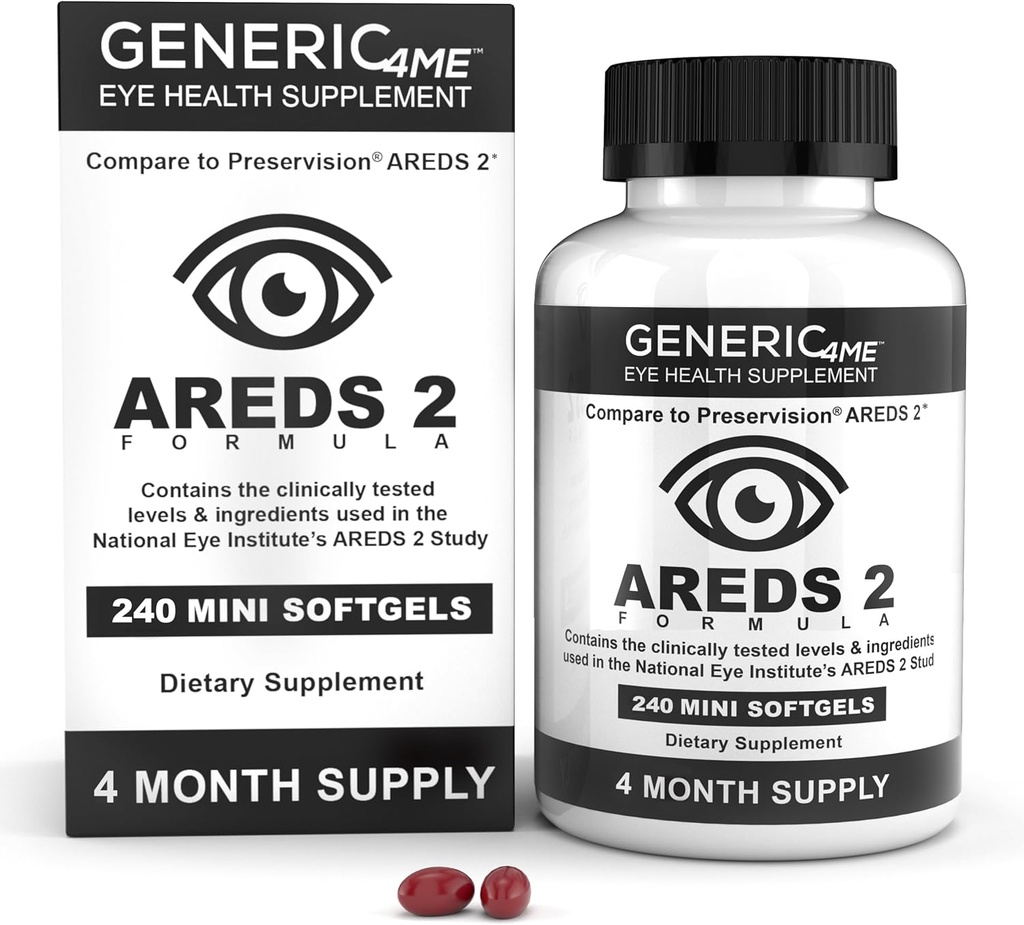 AREDS 2 SoftGels, 500 mg Βιταμίνης C, 400 IU Βιταμίνης Ε, 10 mg Λουτεΐνης, 2 mg Ζεαξανθίνης, 80 mg Ψευδάργυρου, 2 mg χαλκού - Υποστηρίζει την υγεία των ματιών - 240 Mini SoftGels (Τέσσερις Μήνες Προμήθεια)