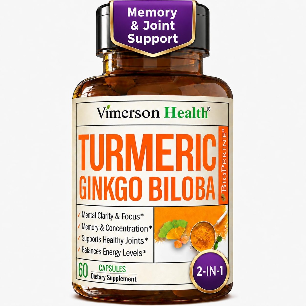 Ginkgo Biloba και Turmeric Curcumin Supplement με Μαύρο Πιπέρι & Βιολογικό Tumeric – Φυσικό συμπλήρωμα Turmeric για Εστίαση, Μνήμη, Κοινή & Εγκεφαλική Υγεία – 60 κάψουλες Vegan Ginko Biloba με Curcuma