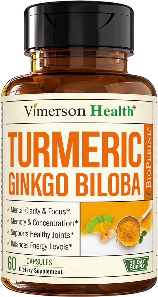 Ginkgo Biloba και Turmeric Curcumin Supplement με Μαύρο Πιπέρι & Βιολογικό Tumeric – Φυσικό συμπλήρωμα Turmeric για Εστίαση, Μνήμη, Κοινή & Εγκεφαλική Υγεία – 60 κάψουλες Vegan Ginko Biloba με Curcuma