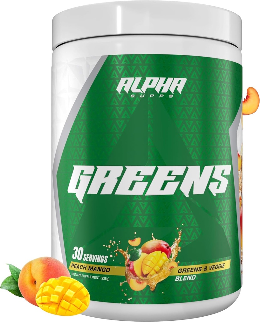 Alpha Supps - Alpha Greens Supplement | Fruit & Vegetable Superfood Powder | Over 40 Natural Plant Based Ingredients | Prebiotic & Probiotic Digestive Support Blend - 30 Servings (Peach Mango)