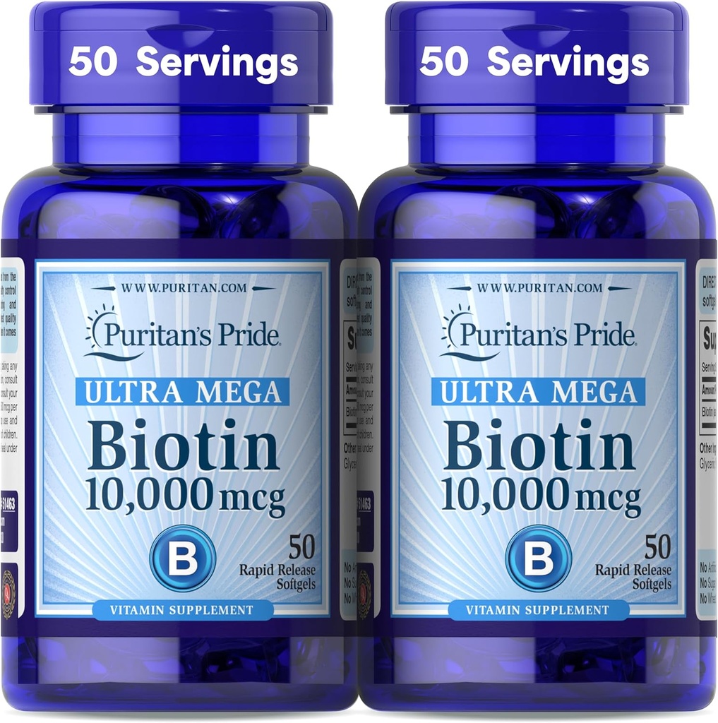 Puritan's Pride Premium Ultra Mega Biotin 10.000mcg, Συμπλήρωμα διατροφής για υγιή μαλλιά, δέρμα, νύχια, και την ενέργεια Μεταβολισμός Υποστήριξη, 100 ημέρες προσφοράς, 50 Rapid Release Softgels, 2 πακέτο