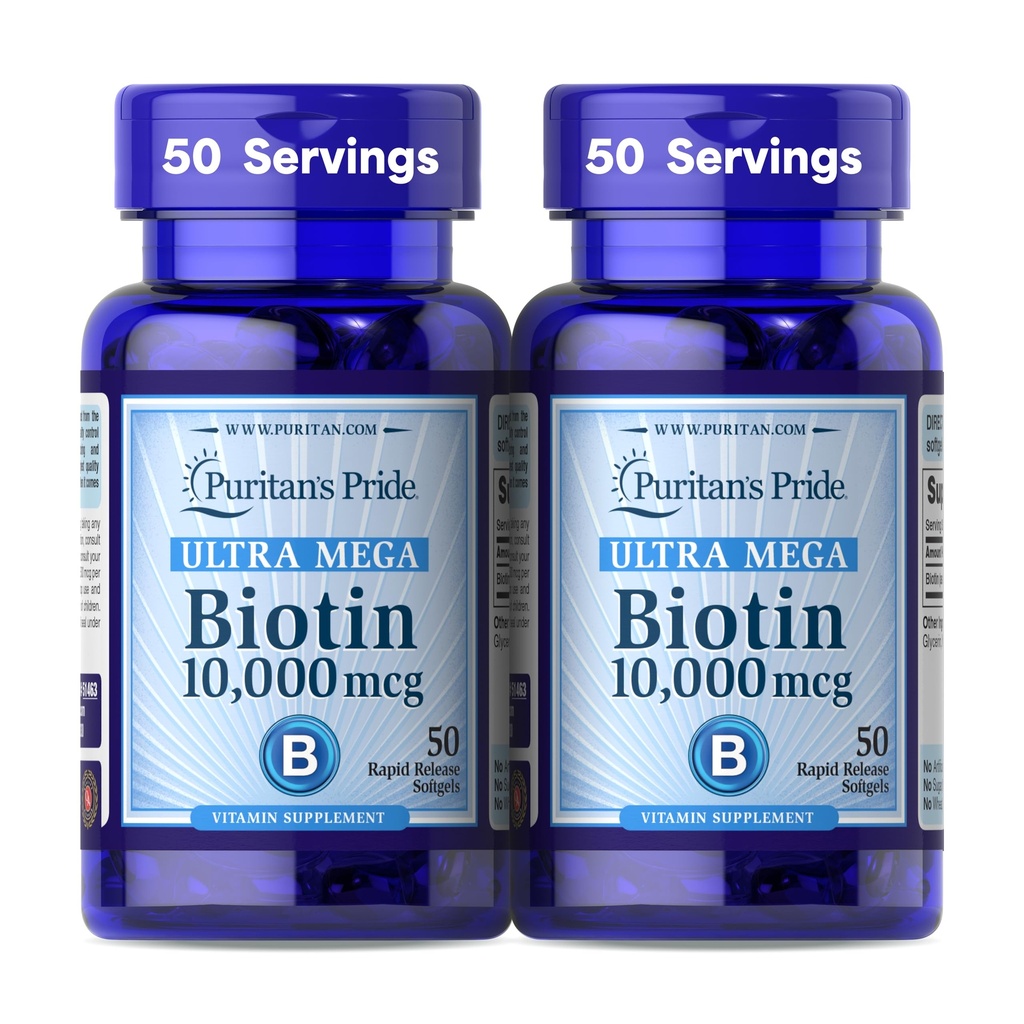Puritan's Pride Premium Ultra Mega Biotin 10.000mcg, Συμπλήρωμα διατροφής για υγιή μαλλιά, δέρμα, νύχια, και την ενέργεια Μεταβολισμός Υποστήριξη, 100 ημέρες προσφοράς, 50 Rapid Release Softgels, 2 πακέτο