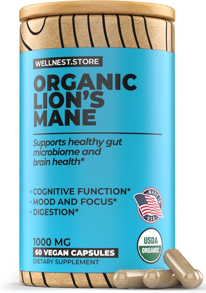 Lions Mane Mushroom Organic Supplement (Εκχύλισμα Ηρακλείου) 60 Veggie Caps - συμπλήρωμα υποστήριξης του ανοσοποιητικού; Βελτίωση της Γνωστικής λειτουργίας + Προώθηση της ζωτικότητας, Προστασία των νευρικών κυττάρων