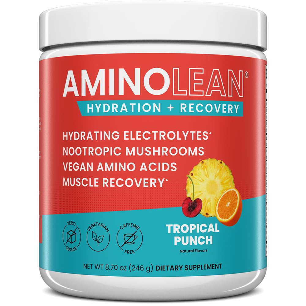 AminoLean Ενυδατική Ηλεκτρολυτική Σκόνη και Αποκατάσταση Ποτό με Θαλάσσια Ορυκτά, Νοοτροπικά Μανιτάρια, και Vegan Αμινοξέα, BCAAs + EAAs για μετά την προπόνηση οικοδόμηση μυών, Τροπικό Punch