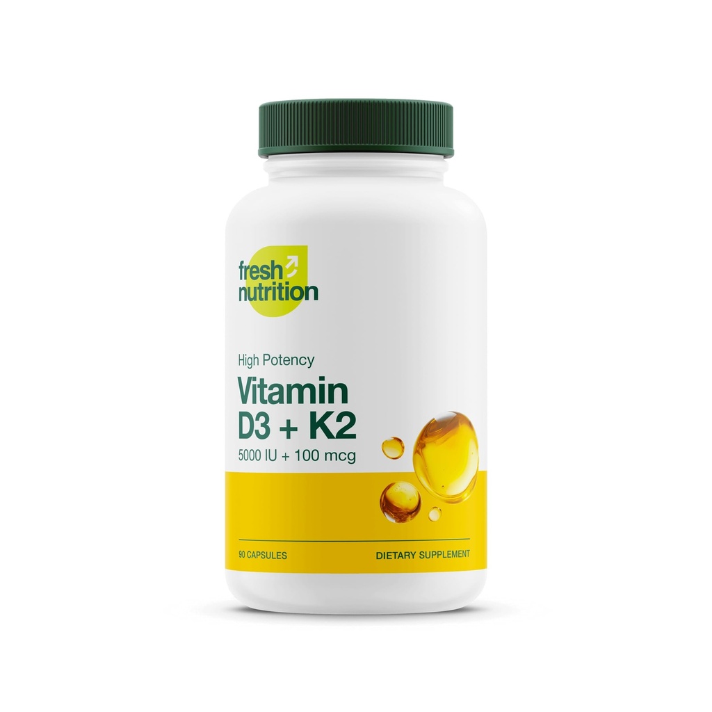 Φρέσκια Διατροφή Βιταμίνη Vegan D3 + K2 Κάψουλες - 5000 IU D3 + 100mcg K2 ως MK-7 για Βέλτιστη Απορρόφηση - Ανοσολογική Υγεία, Υγεία των οστών, Mood - Μη ΓΤΟ - 90 Κάψουλες, 3 Μήνες Προσφορά
