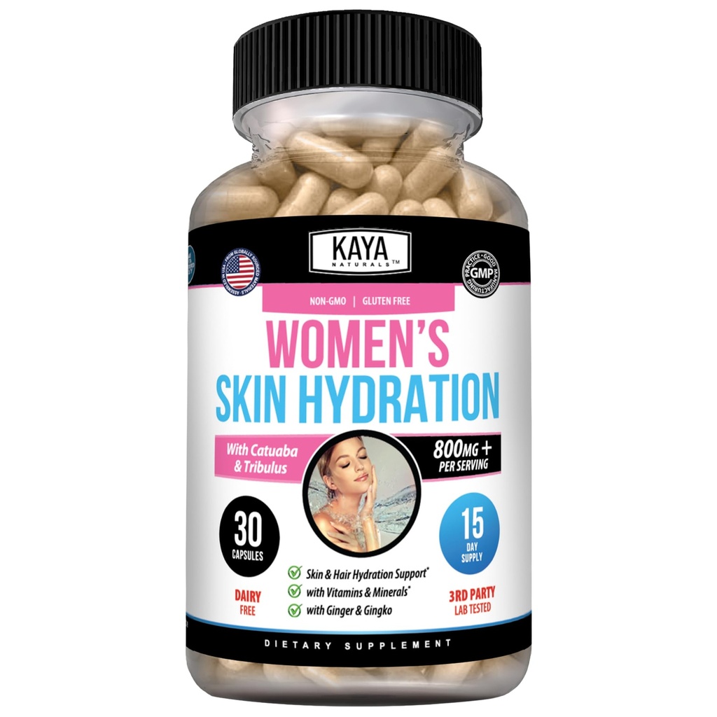 Kaya Naturals Δερματικές Ενυδατικές Βιταμίνες - Γυναικεία Χάπια - Καψάκια Ενισχυτής Δέρματος - Ενισχυτής Υδμάτωσης για τις γυναίκες - Προάγει Αυξημένη Ενέργεια, Mood & Stamina - Μείωση της ξηρότητας - 30 Κάψουλες Veggie