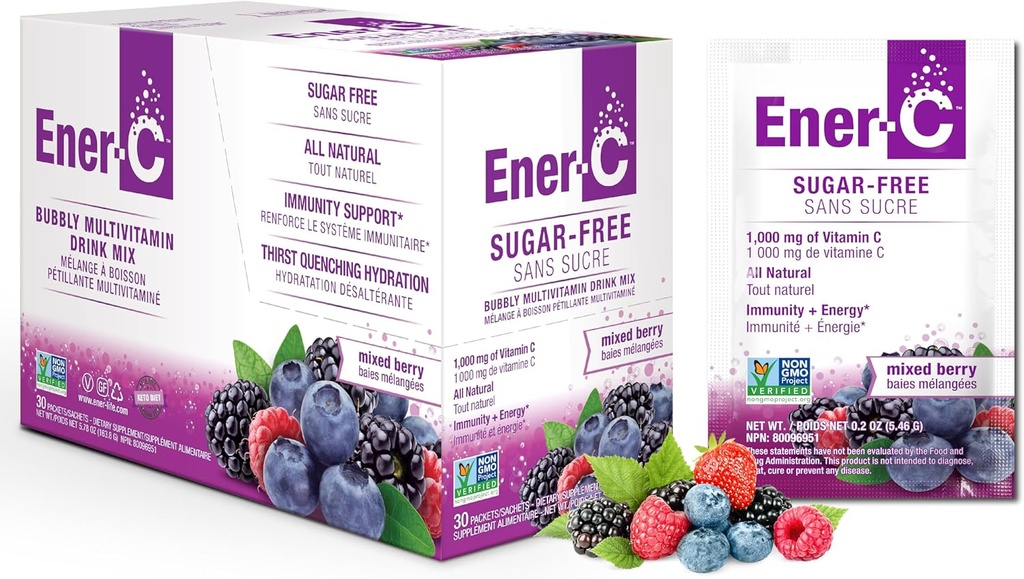 Ener-C Χωρίς ζάχαρη Ενέργεια Μικτή Berry Multivitamin Drink Mix Vitamin C 1000mg & Electrolytes - Φυσική Ανοσία Υποστήριξη με Real Fruit Juice Σκόνες Μη GMO Vegan & Gluten Free - 30 Count