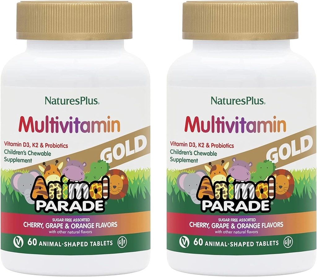 NaturesPlus Ζωική Παρέλαση Χρυσό Παιδική Πολυβιταμίνη - Ποικιλόμορφο Κεράσι, Πορτοκαλί & Γεύσεις Σταφυλιού - 60 Μασώμενα Δισκία, Συσκευασία 2 - Χορτοφαγικά, Χωρίς Γλουτένη - 60 Σύνολο Σερβιέτες