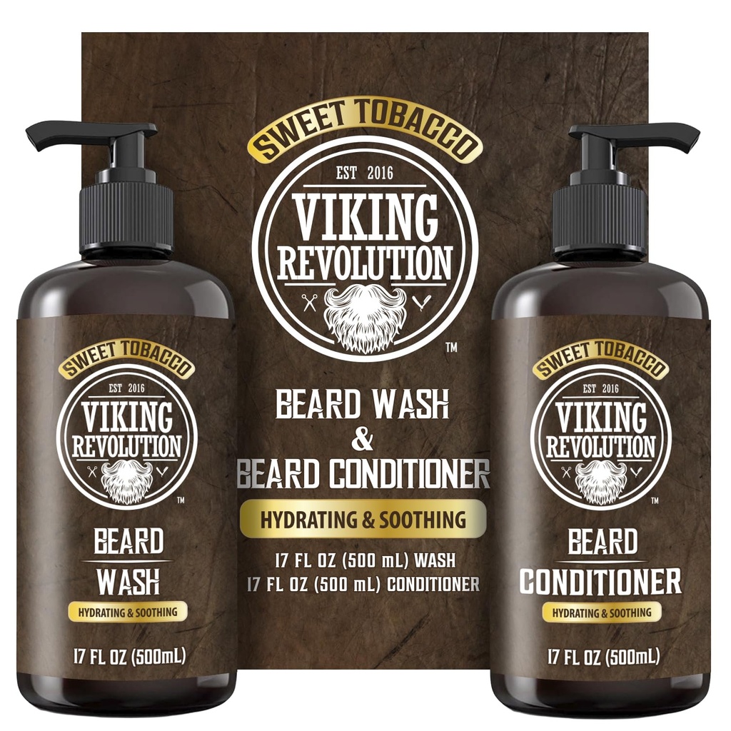 Viking Revolution Beard Wash and Beard Conditioner for Men with Argan Oil and Jojoba Oil - Beard Αποσκληρυντής και ενισχυτής Beard Care Shampoo και Conditioner με Beard Oil (17oz, Sweet Tobacco)