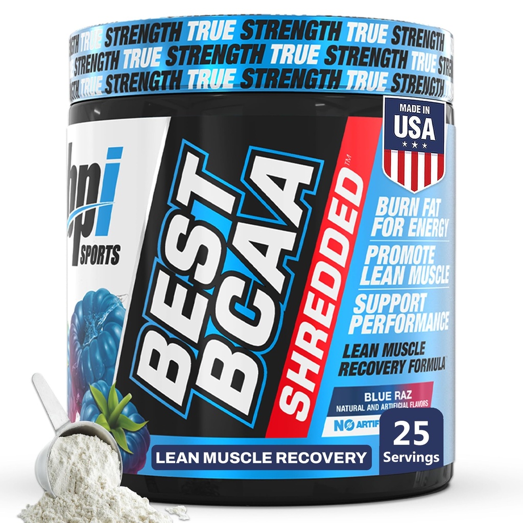 BPI Sports Best BCAA Shredded - Caffeine Δωρεάν Θερμογόνο Ποτό Ανάκτησης, Lean Μυϊκό Κτίριο BCAA Σκόνη για γυναίκες και άνδρες, Preworkout BCAAs Αμινοξέα Ποτό - Μπλε Raz - 25 Υπηρεσίες
