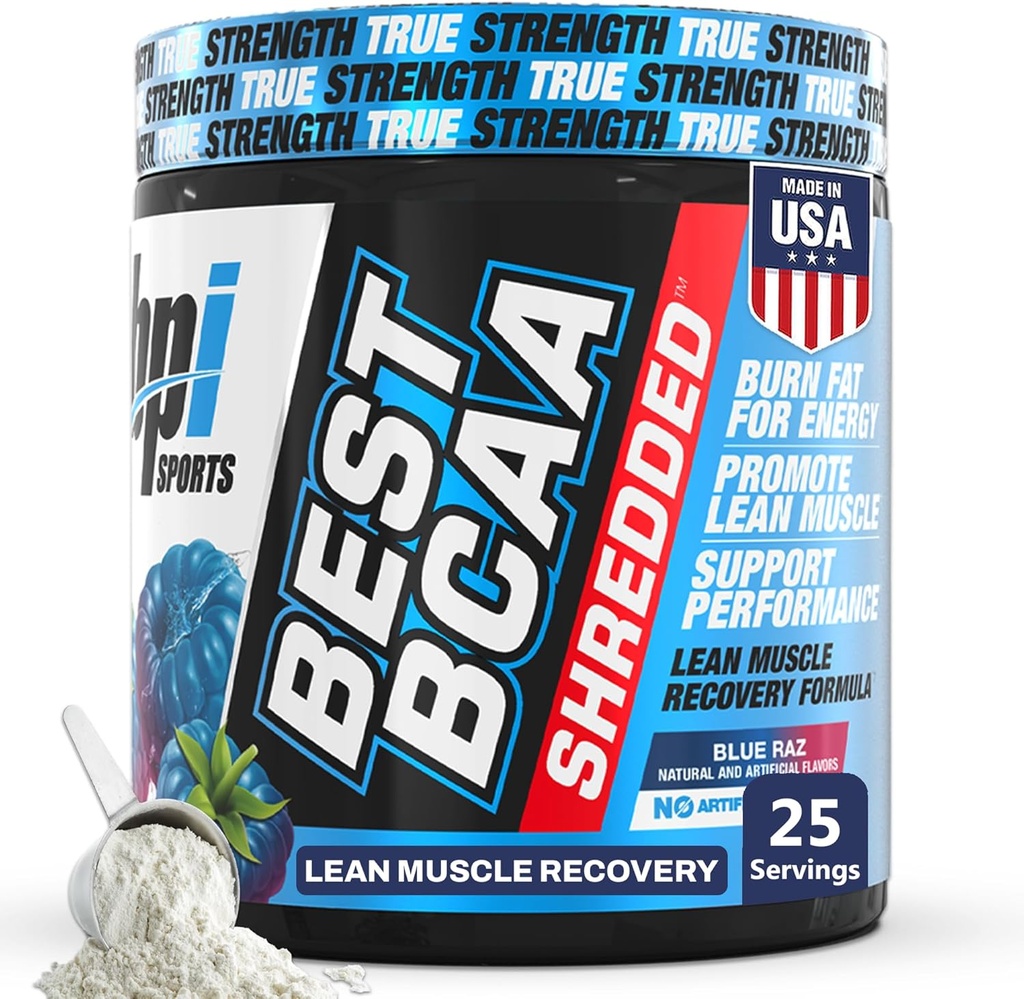 BPI Sports Best BCAA Shredded - Caffeine Free Thermogenic Recovery Drink, Lean Muscle Building BCAA Powder for Women and Men, Preworkout BCAAs Amino Acids Drink- Blue Raz - 25 Servings