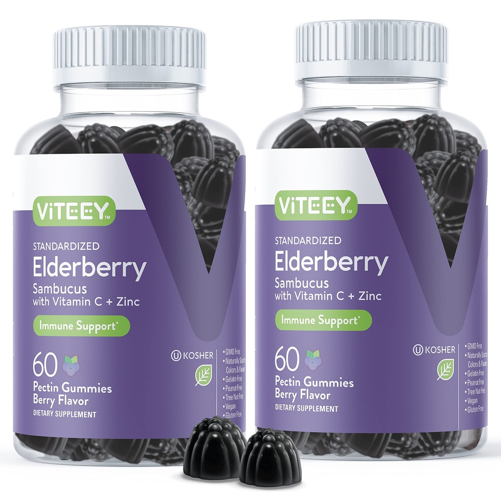 Viteey Sambucus Gummies Elderberry για ενήλικες – Elderberry Vitamin C και ψευδάργυρος Ανοσία Gummies - Vegan, χωρίς γλουτένη – 120 Count