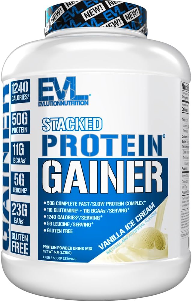 Διατροφή Evlution Stacked Gainer πρωτεΐνης, 50 Grams Whey Protein Powder Complex, 251 Grams Υδατάνθρακες, Build Muscle, Recovery, Post Workout, Gluten-Free (Βανίλια παγωτό, 6 LB)