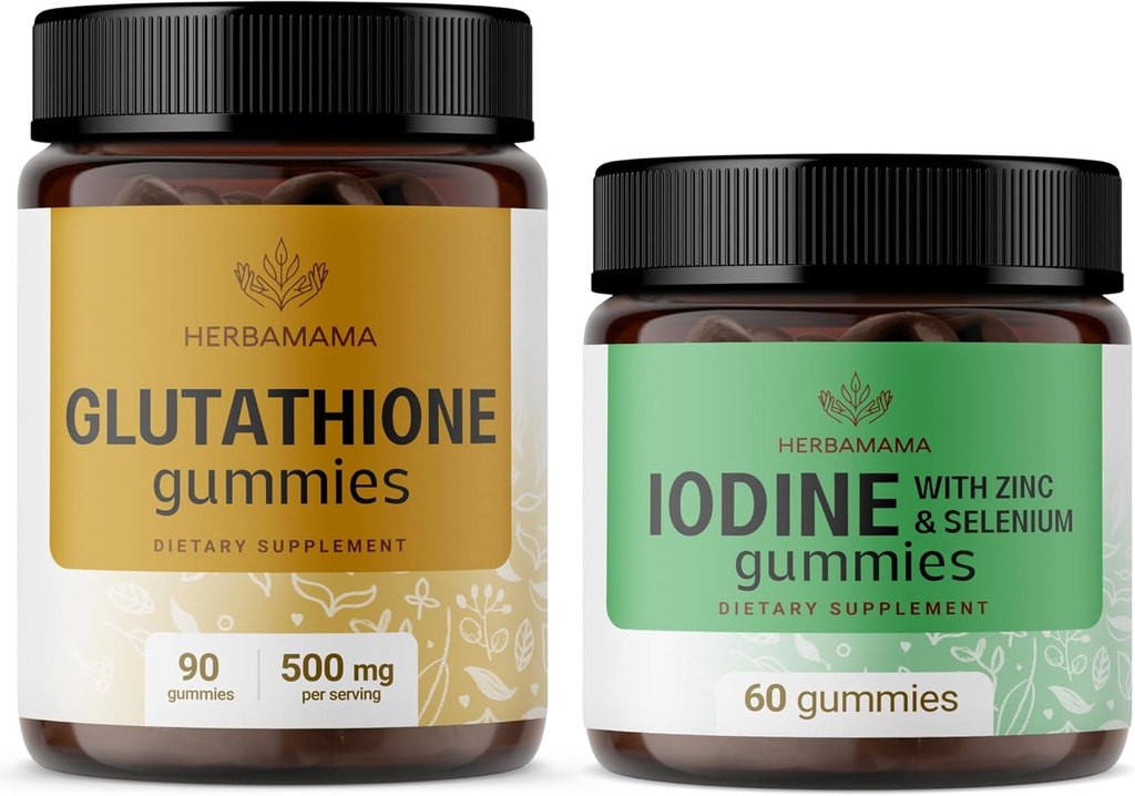 HERBAMAMA Glutathionone and Iodine Kit - Συσκευασία των 500 mg Μειωμένη L-Glutathionone & Potium Iodine Gummies - Vegan, Non-GMO, Gelatin- Free - 2 Pack