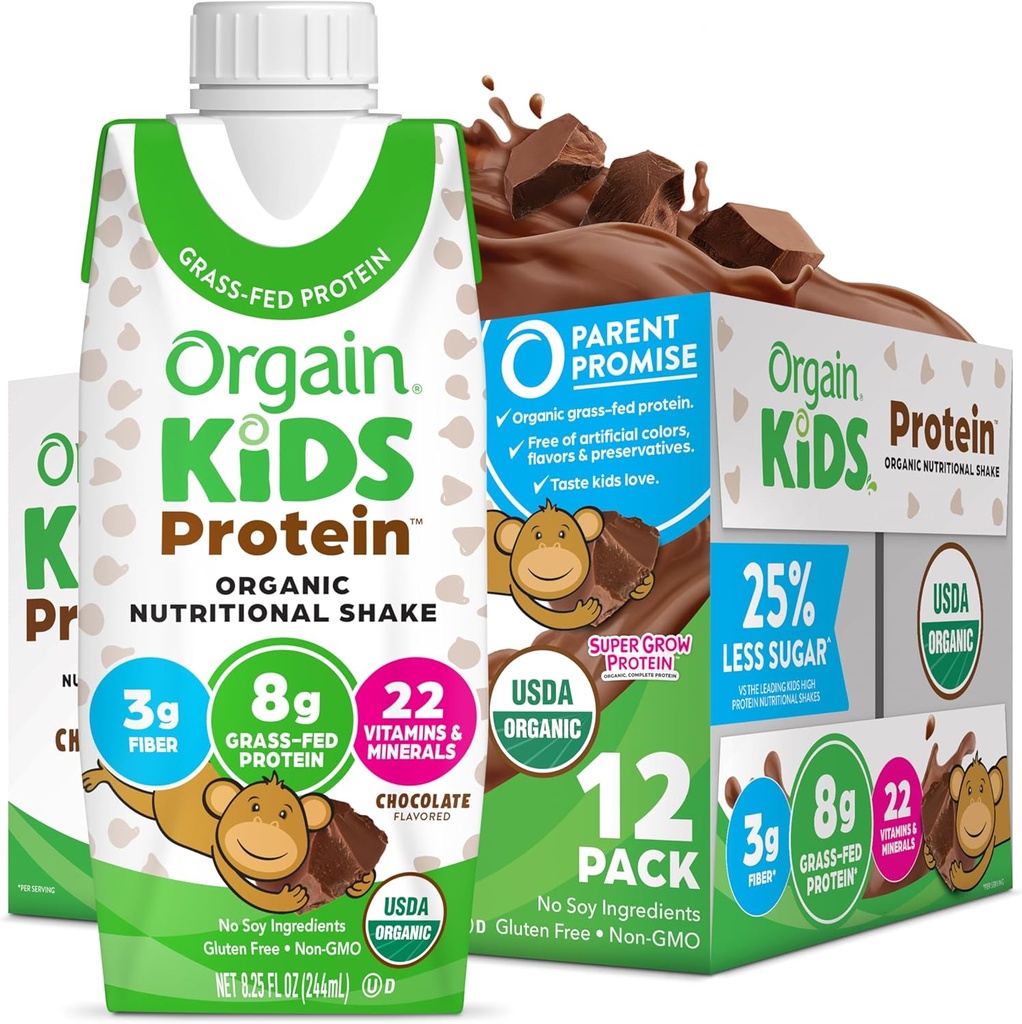 Orgain Organic Kids Protein Nutritional Shake, Chocolate - 8g Πρωτεΐνης, 22 Βιταμίνες & Ορυκτά, Φρούτα & Λαχανικά, Χωρίς γλουτένη, Χωρίς σόγια, Μη ΓΤΟ, 8.25 FL Oz (Pack of 12)
