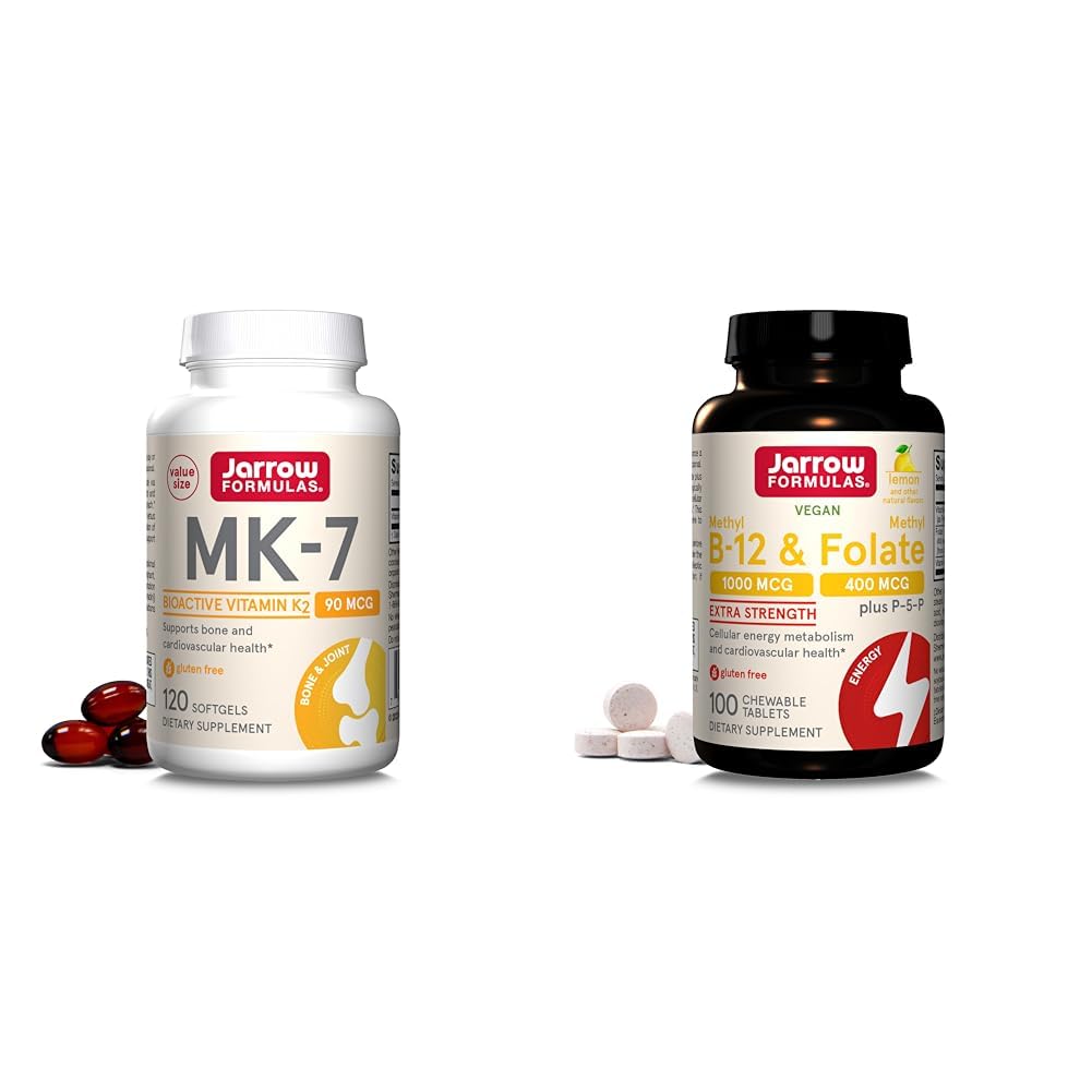 Jarrow Formulas MK7, προάγει την υγεία των οστών, 90 mcg, 120 Softgels & Extra Strength Methyl B-12 1000 mcg & Folate μεθύλιο 400 mcg + P-5-P, Dietary