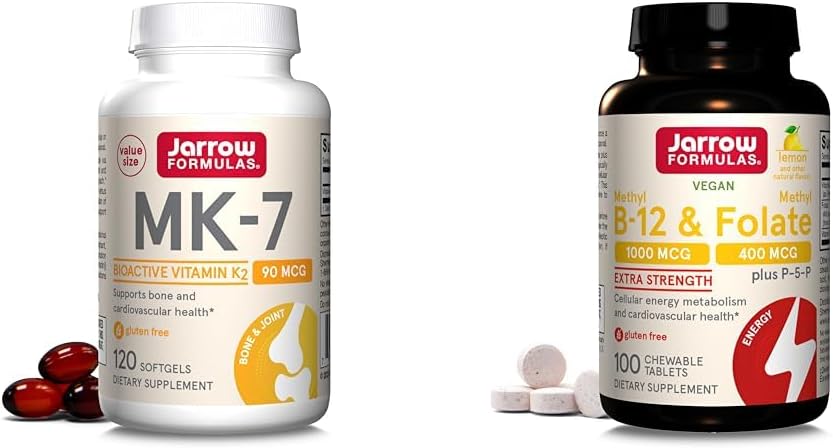 Jarrow Formulas MK7, προάγει την υγεία των οστών, 90 mcg, 120 Softgels & Extra Strength Methyl B-12 1000 mcg & Folate μεθύλιο 400 mcg + P-5-P, Dietary
