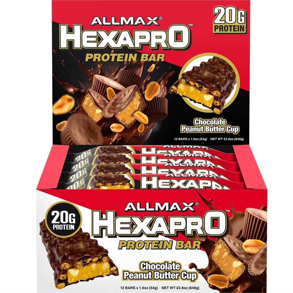 ALLMAX HEXAPRO PROTEIN BAR, Σοκολάτα φυστικοβούτυρο Κύπελλο - Συσκευασία των 12 - Υψηλής Πρωτεΐνης Σνακ Ενέργειας - 20 g πρωτεΐνης ανά μπαρ - Με Whey Protein Isolate