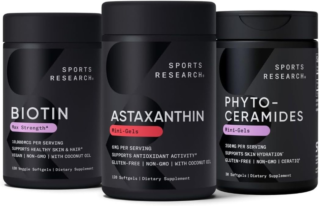 Sports Research Vegan Biotin 10.000mcg με λάδι καρύδας, τριπλή αντοχή Ασταξανθίνη 12mg με οργανικό λάδι καρύδας & φυτοκεραμίδες 350mg ανά Softgel