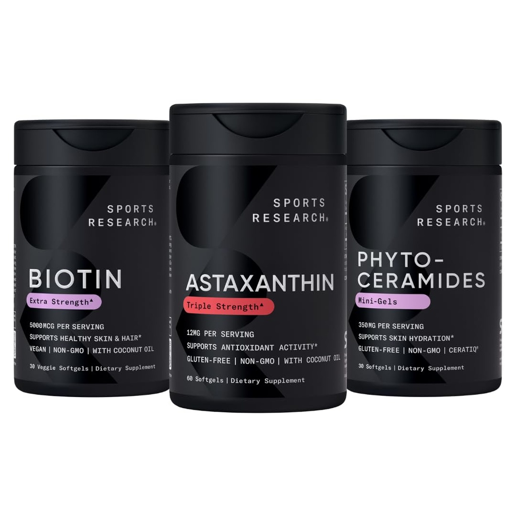 Sports Research® Healthy Skin and Hair Support - Vegan Biotin 10.000mcg με λάδι καρύδας, τριπλή δύναμη Ασταξανθίνη 12mg, και Phytoceramides 350mg ανά Softgel · Μη ΓΤΟ · Vegan · Χωρίς γλουτένη