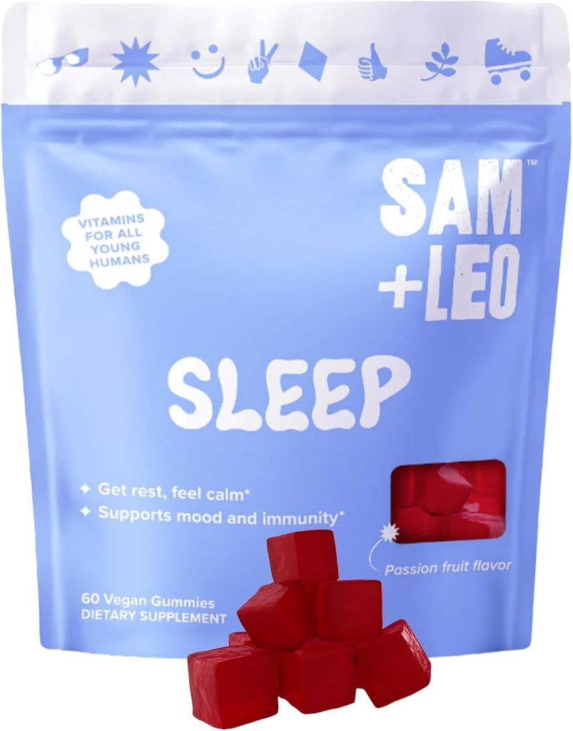 SAM+LEO Sleep - Παθοποιός, Βιταμίνη Β6 & Μελατονίνη Gummies for Kids & Teens - All Natural & Vegan Relaxation & Sleep Gummies for Kids - Πάθος Φρούτα Γεύση - 60/ct