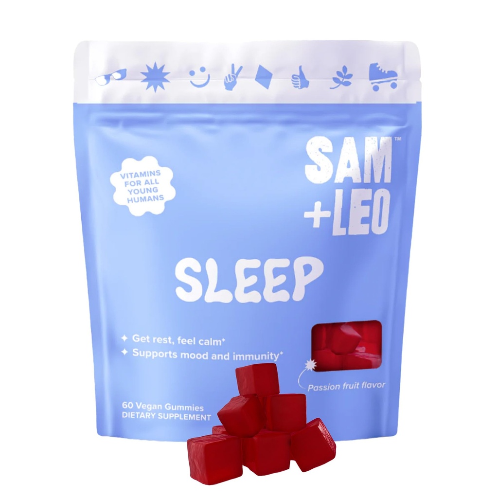 SAM+LEO Sleep Gummies for Kids & Teens with Melatonin, Passion Flower & Vitamin B6 - Gentle Sleep Aid Gummies for Restful Sleep | Natural, Drug Free, Vegan & Gluten Free, Passion Fruit Flavor (60 ct)