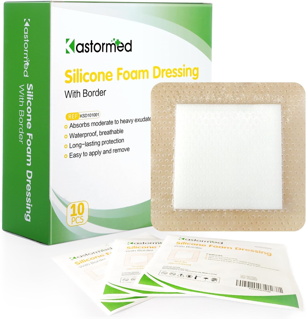 Kastormed Silicone Αυτοκόλλητο Αφρός Dressing with Gentle Border 4''x4'' 10 Pack, Υψηλή Απορροφητικότητα Foam Wound Bandage for Bed Sore, Leg Ulcer, Diabetic Ulcer