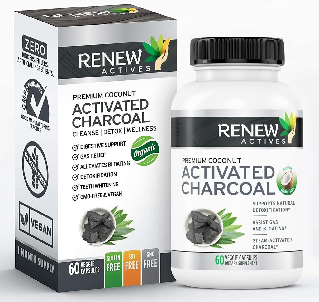 Renew Actives Ενεργό συμπλήρωμα άνθρακα 1100MG ανά 2 κάψουλες - Digestive Υποστήριξη & Λεύκανση δοντιών Φόρμουλα, Δεν Τεχνητά Συστατικά - Κατασκευάζεται στον Καναδά - 60 κάψουλες