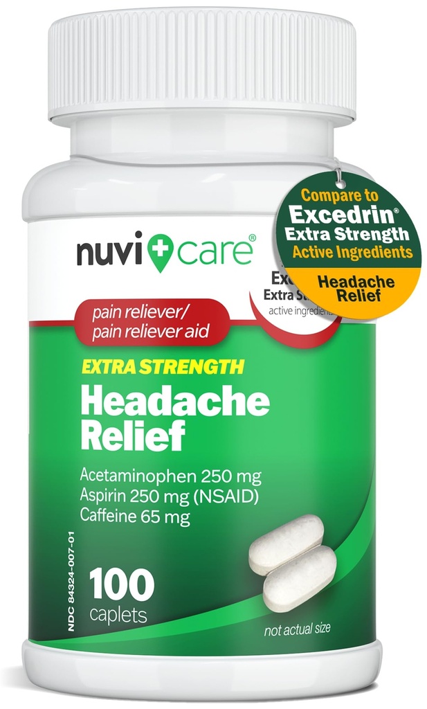 Κεφαλαλγία Ανακούφιση με Acetaminophen 250 mg, Aspirin (NSAID) 250 mg, Caffeine 65 mg - Προσωρινή Ανακούφιση Ελαχίστων Παθών & Πόνων - Σύγκριση με Excedren Extra Strength Pain Reliever (100 Caplets)