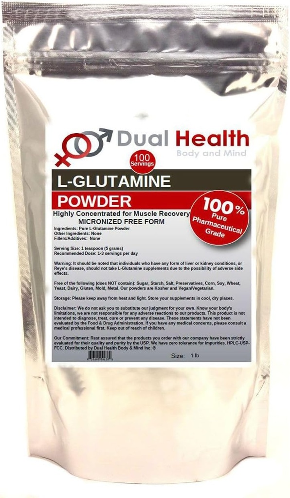 L-Glutamine (1 lb) Pure Powder 5000mg Free Form Bulk Supplements, Made in USA, Immune Digestion GI Support Leaky Gut Health Muscle Energy Stamina Αντοχή