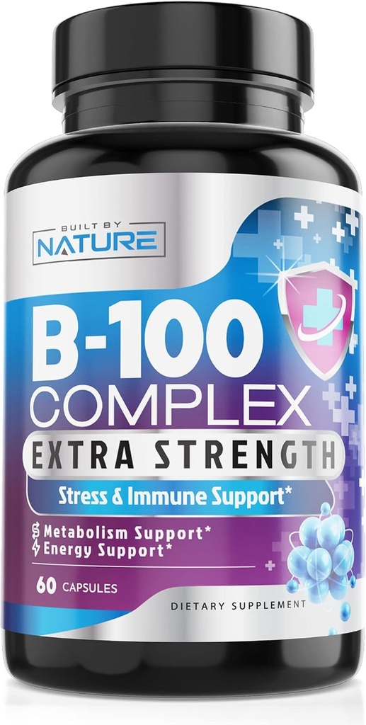 Vitamin B Complex - Όλες οι βιταμίνες B1, B2, B3, B5, B6, B7, B9, B12, Φολικό οξύ, Βιταμίνη C - Super B-100 συμπλήρωμα - ανοσοποιητική, ενέργεια & Μεταβολισμός Υποστήριξη, Vegan, μη ΓΤΟ, Χωρίς γλουτένη, 60 κάψουλες