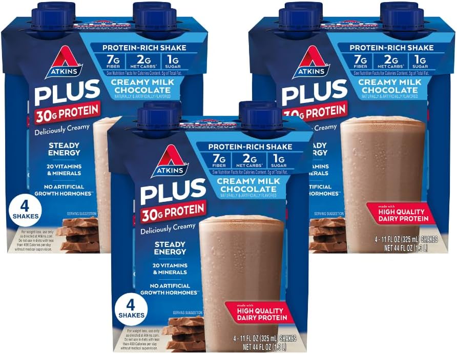 Atkins Creamy Milk Chocolate PLUS Protein Shake, 30g Protein, 7g Fiber, 2g Net Carb, 1g Sugar, Keto Friendly, Low Carb, High Protein Drink, 12 Count