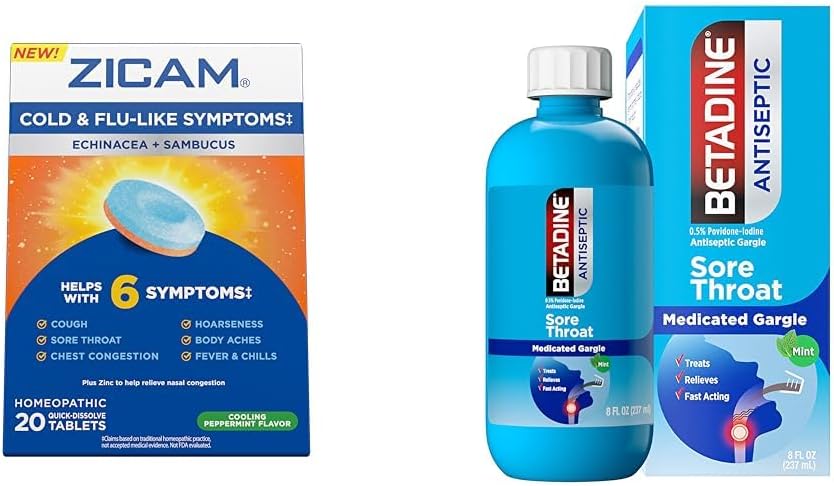Zicam Ψυχρά συμπτώματα Ανακούφιση με Betadine Sore Throat Gargle, Echinacea & Sambucus Ομοιοπαθητικά δισκία, 20 Count & 8 FL OZ