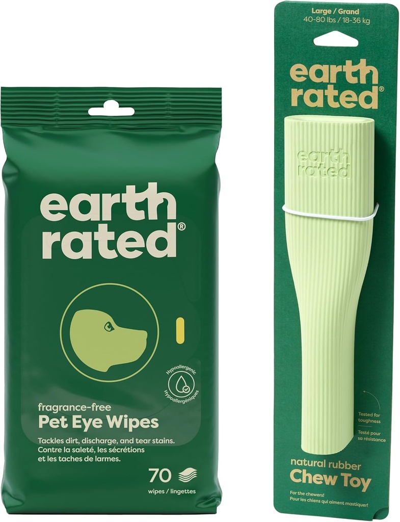 Earth Rated Clean & Calm Bundle - Includes 70 Fragrance-Free Pet Eye Wipes & 1 Large Enrichment Toy